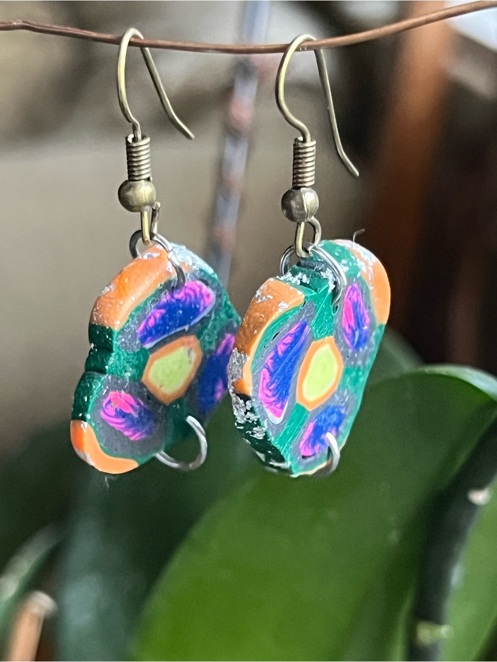 Handcrafted Green Multi-Color Floral Drop Earrings. Polymer clay